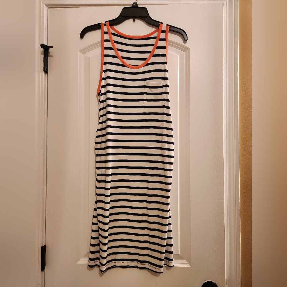 Navy, white and coral maternity dress